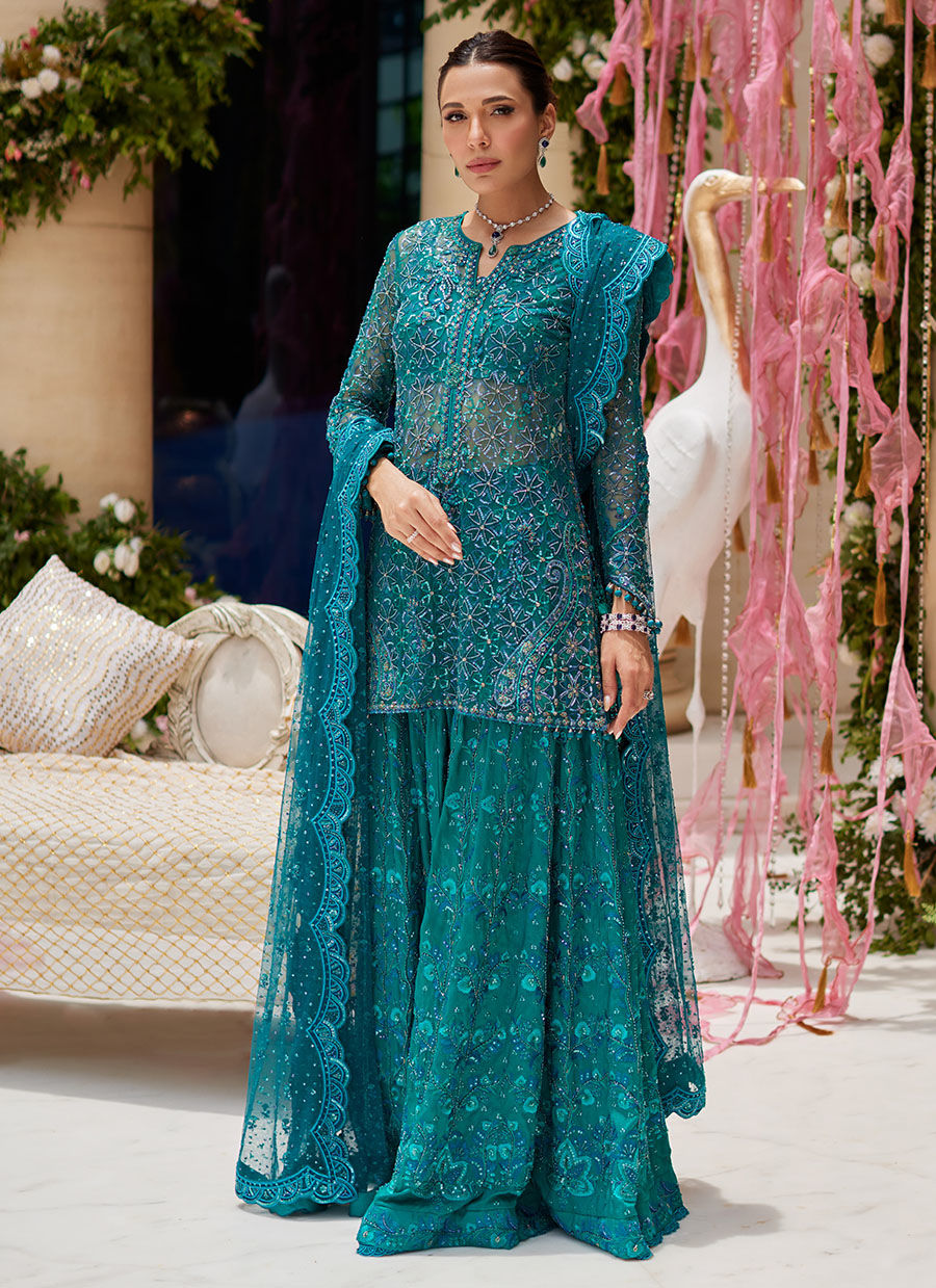 Miral Teal Short Shirt And Lehenga Miray Festive Formals by Farah Ta