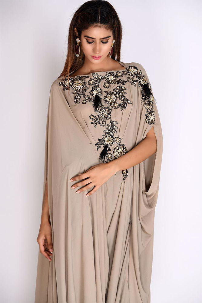 Beige Georgette Cowl Kaftan - Signature Kaftans by Rozina Munib