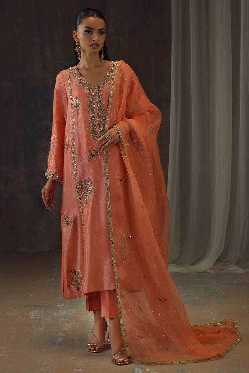 Peach Zari Long Full Set - Setareh by Farida Hasan