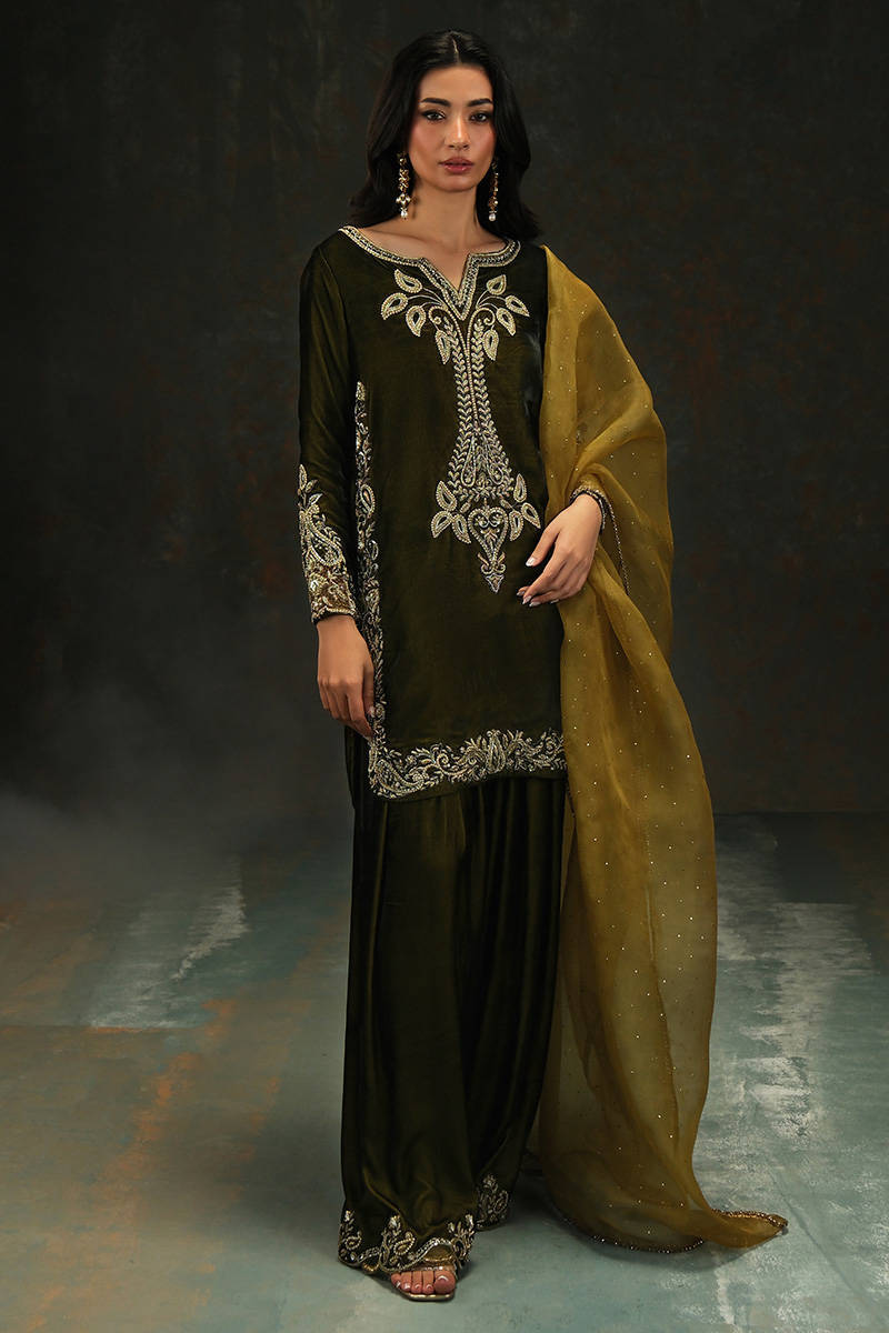 Zeenat Shirt, Pants And Dupatta - Velvet Eclipse by Farida Hasan