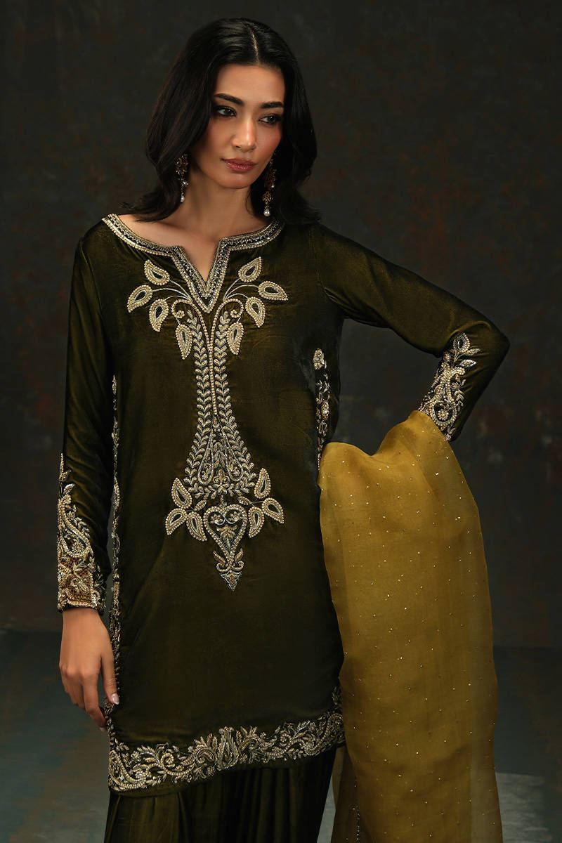 Zeenat Shirt, Pants And Dupatta - Velvet Eclipse by Farida Hasan
