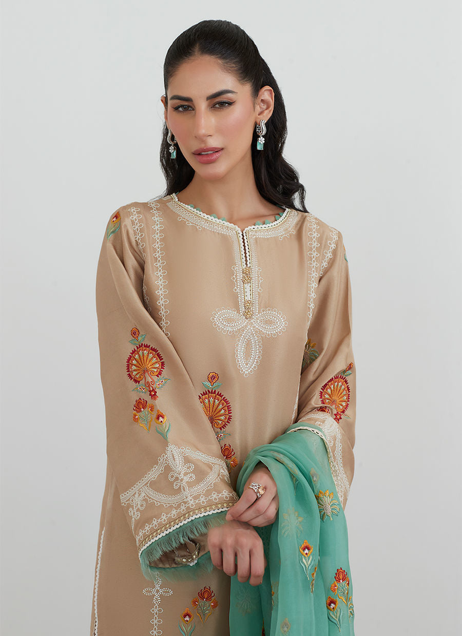 LATTE EMBROIDERED SHIRT WITH ORGANZA DUPATTA - Farah Talib Aziz