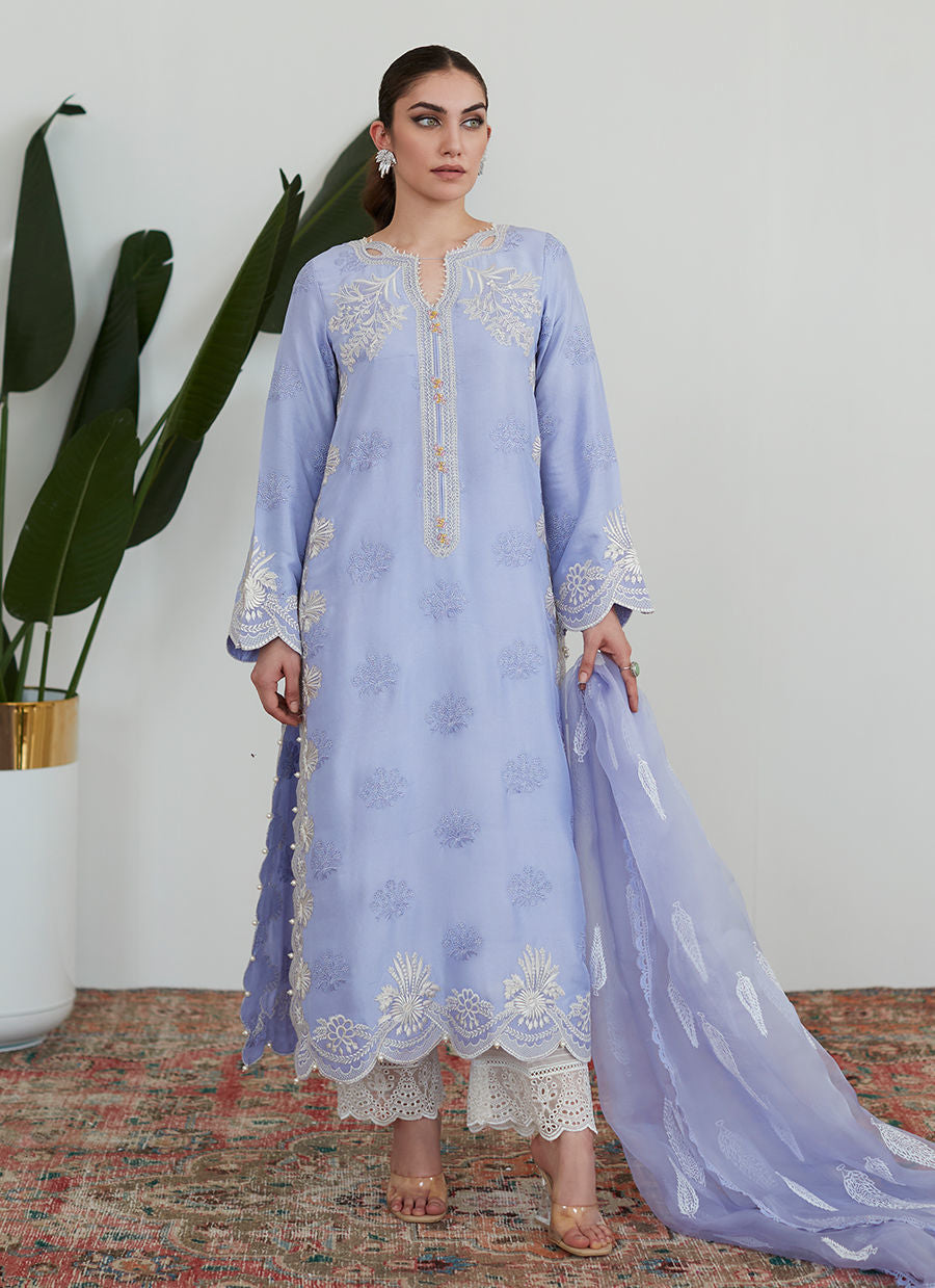 OLENNA PERIWINKLE EMBROIDERED SHIRT WITH ORGANZA DUPATTA - Farah Talib Aziz