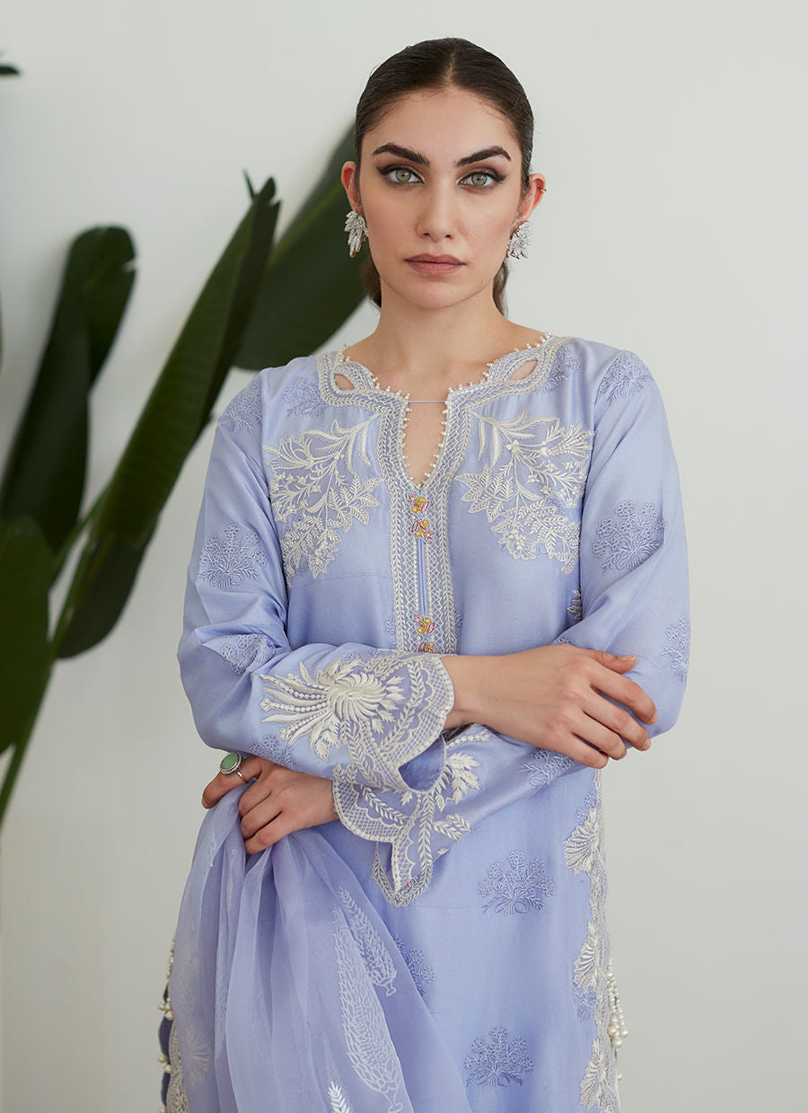 OLENNA PERIWINKLE EMBROIDERED SHIRT WITH ORGANZA DUPATTA - Farah Talib Aziz