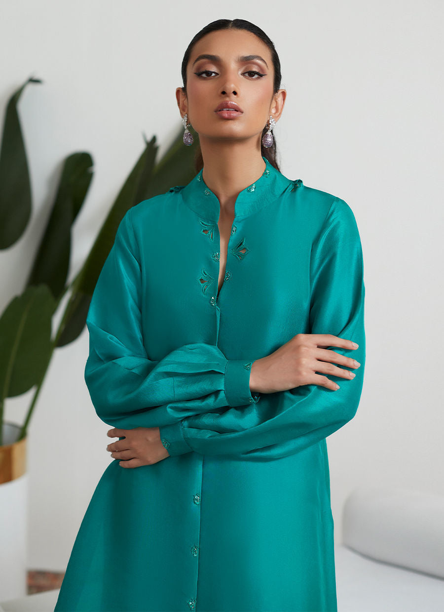 CADMIUM GREEN RAW SILK SHIRT - Farah Talib Aziz