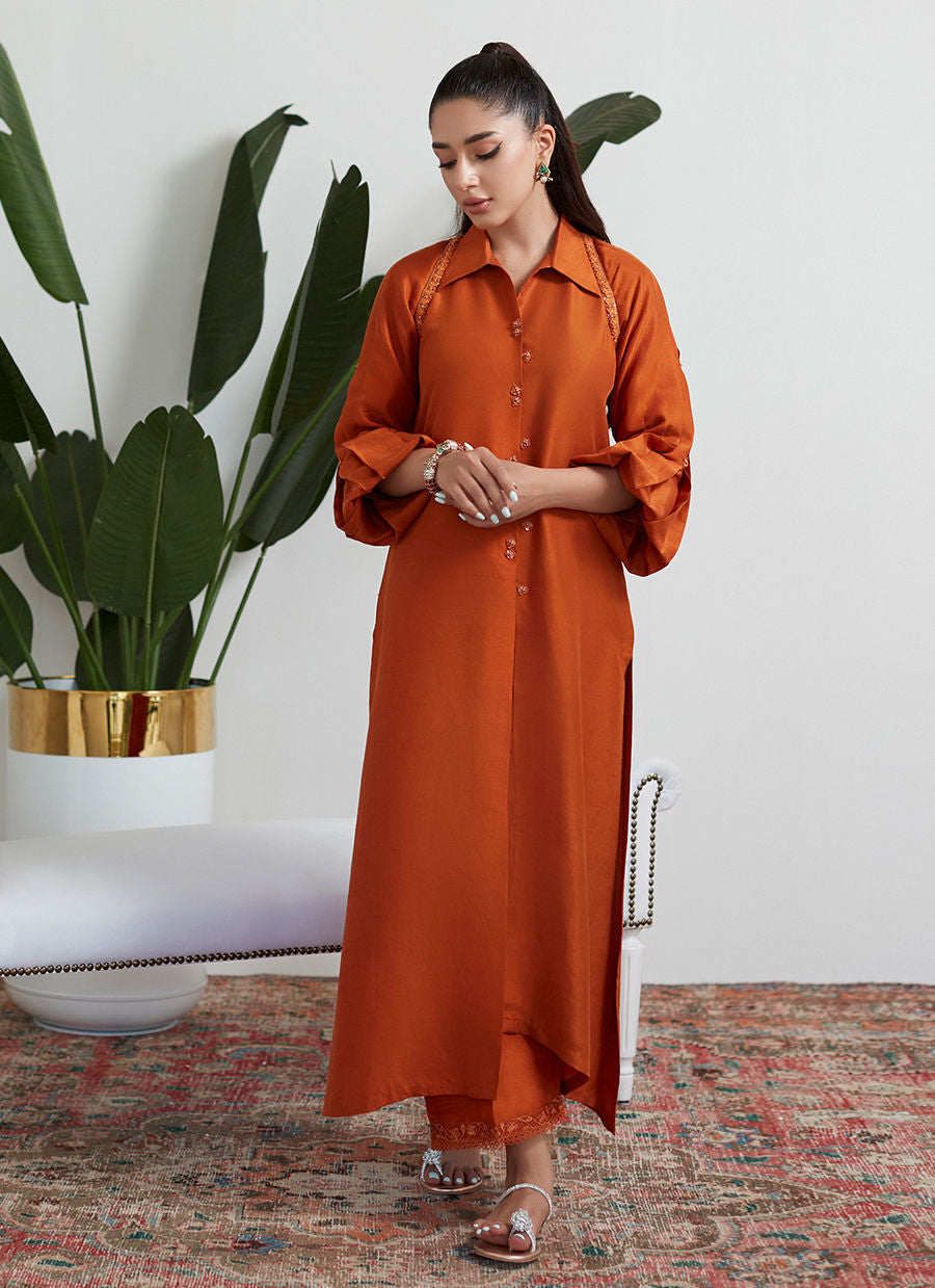 SPANISH ORANGE RAW SILK SHIRT - Farah Talib Aziz