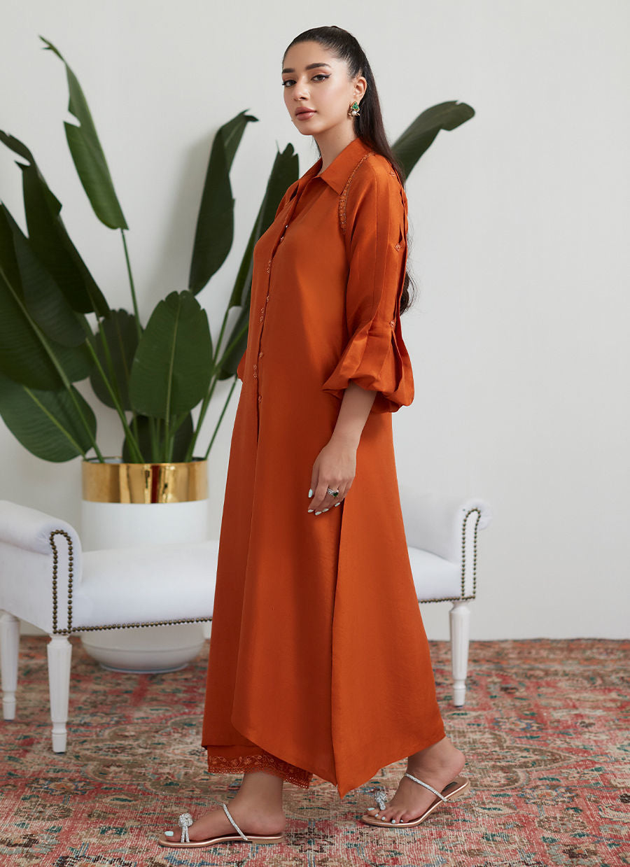 Pure Tussar Silk Shirt in Light Orange (46) - Ucchal Fashion