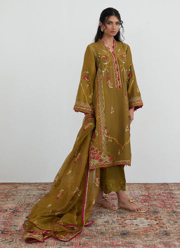 MOSS OLIVE EMBROIDERED SHIRT WITH ORGANZA DUPATTA - Farah Talib Aziz