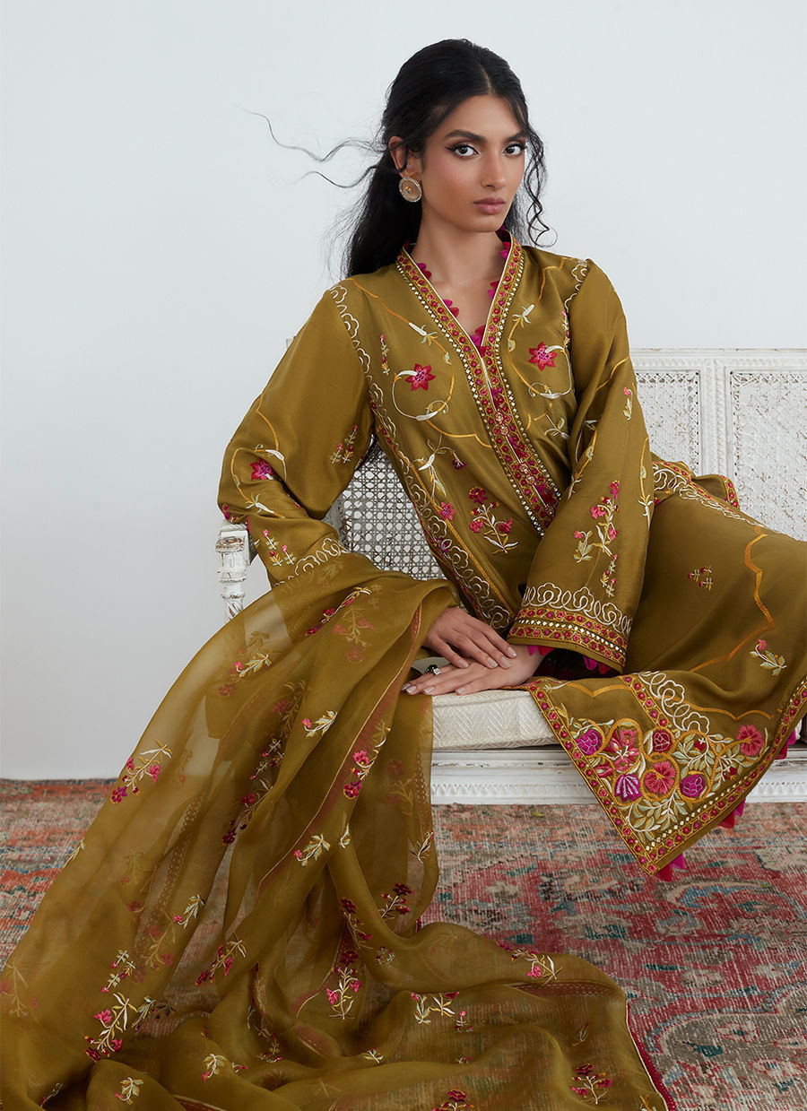 MOSS OLIVE EMBROIDERED SHIRT WITH ORGANZA DUPATTA - Farah Talib Aziz