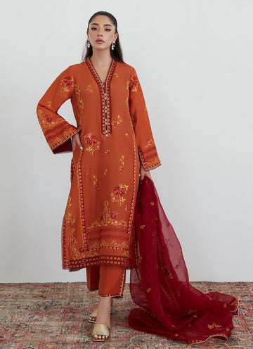 GINGER RUST EMBROIDERED SHIRT WITH ORGANZA DUPATTA - Farah Talib Aziz