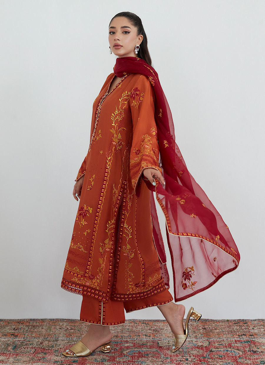 GINGER RUST EMBROIDERED SHIRT WITH ORGANZA DUPATTA - Farah Talib Aziz