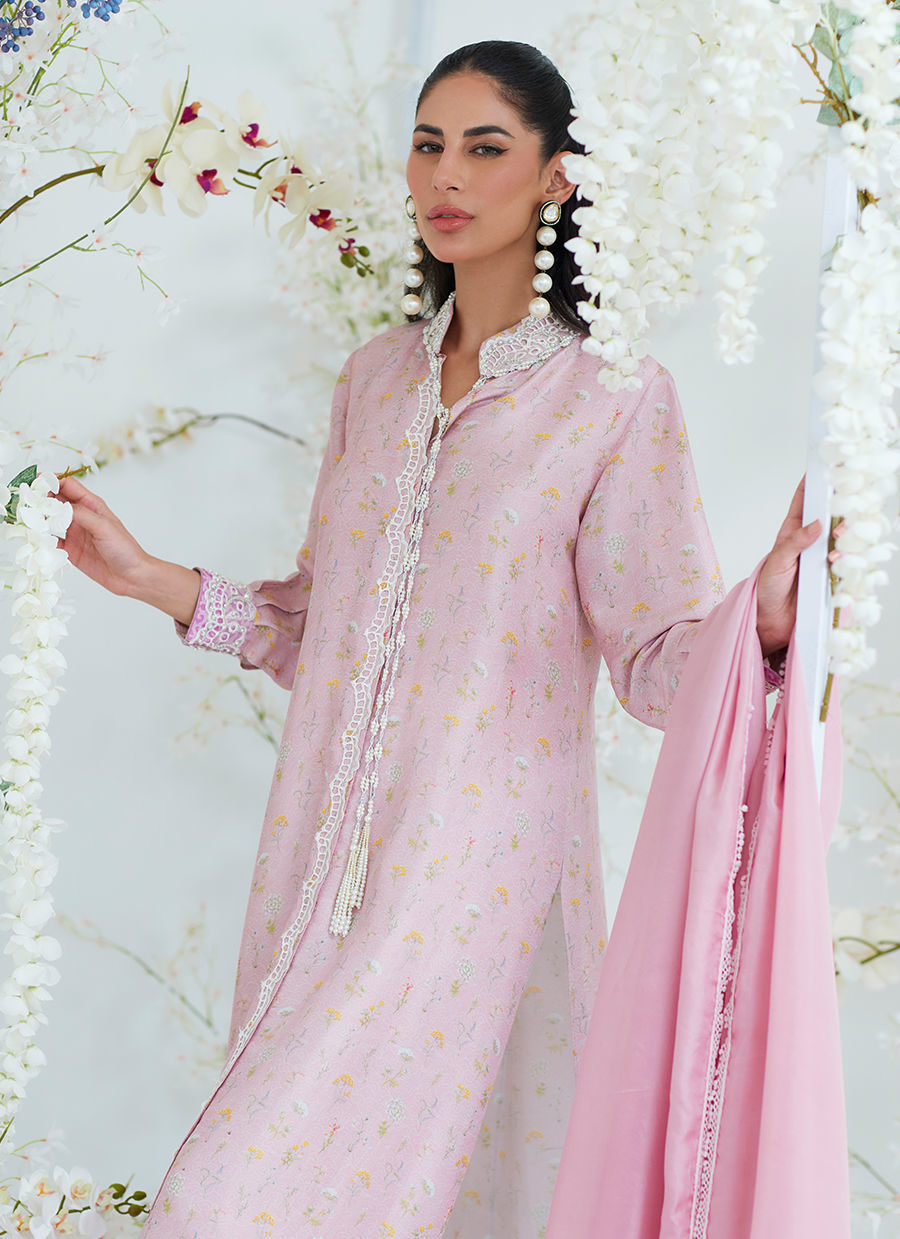 ARYA CHAI PINK FLORAL SHIRT WITH SILK DUPATTA - Farah Talib Aziz