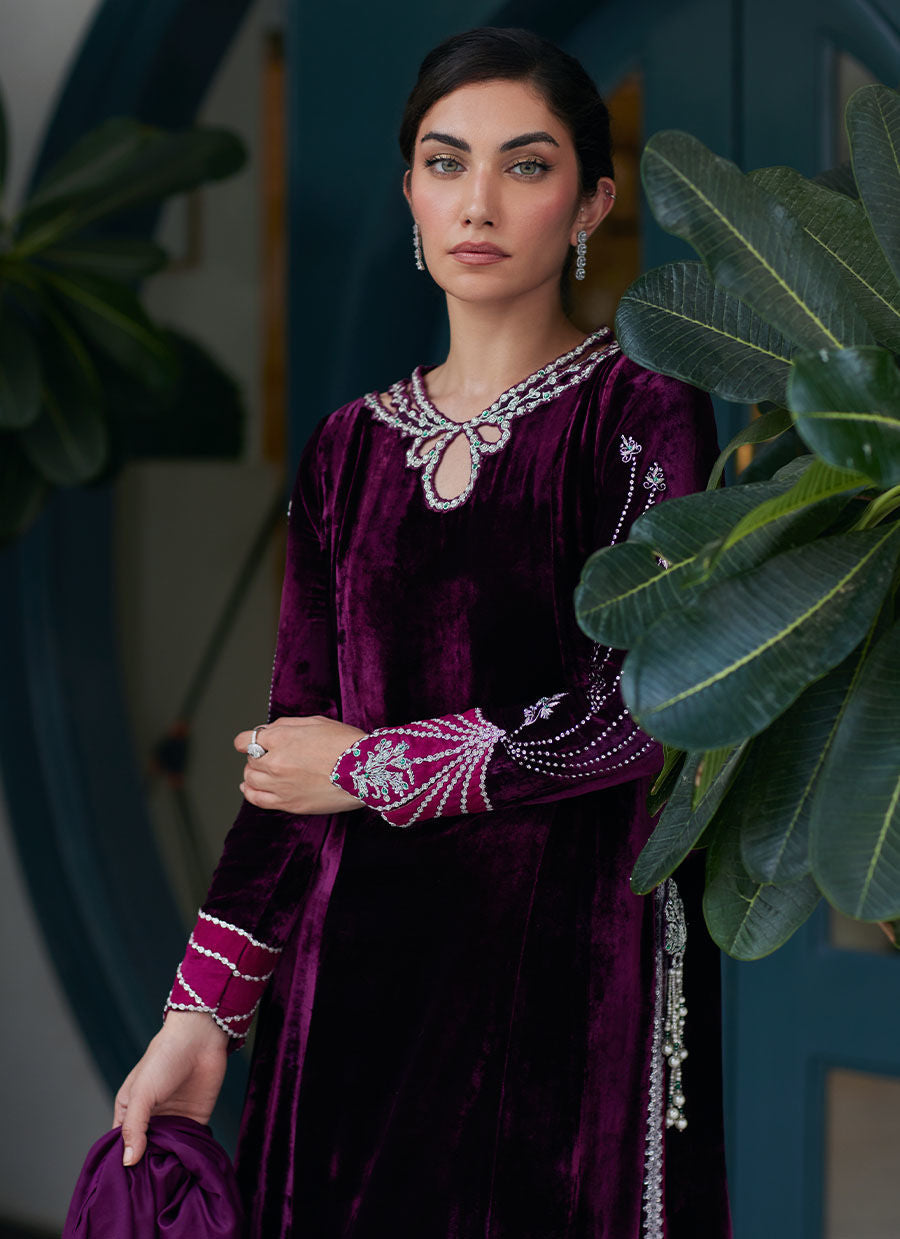 NUHA PLUM SHIRT AND SILK DUPATTA - Velvet Revolt by Farah Talib Aziz