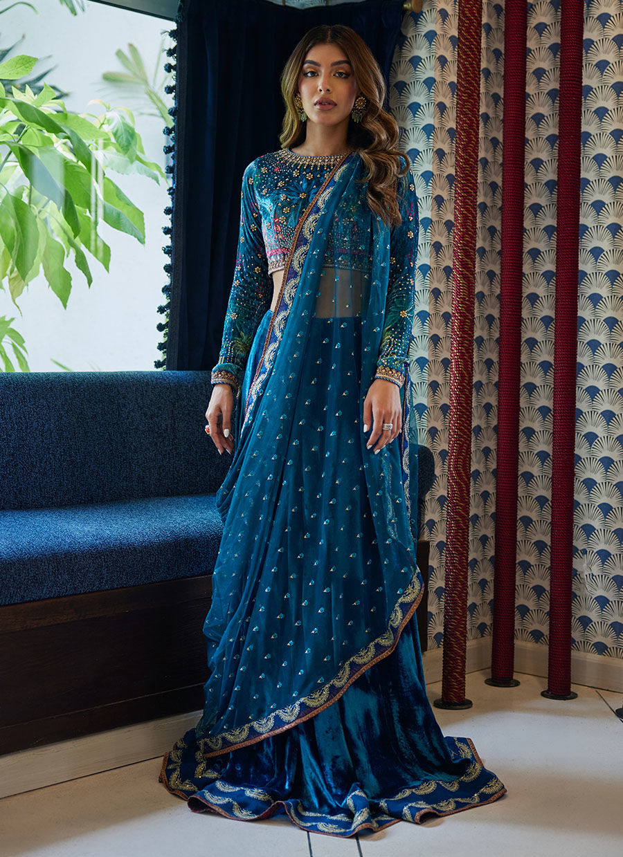 REEM TEAL LEHNGA CHOLI - Velvet Revolt by Farah Talib Aziz