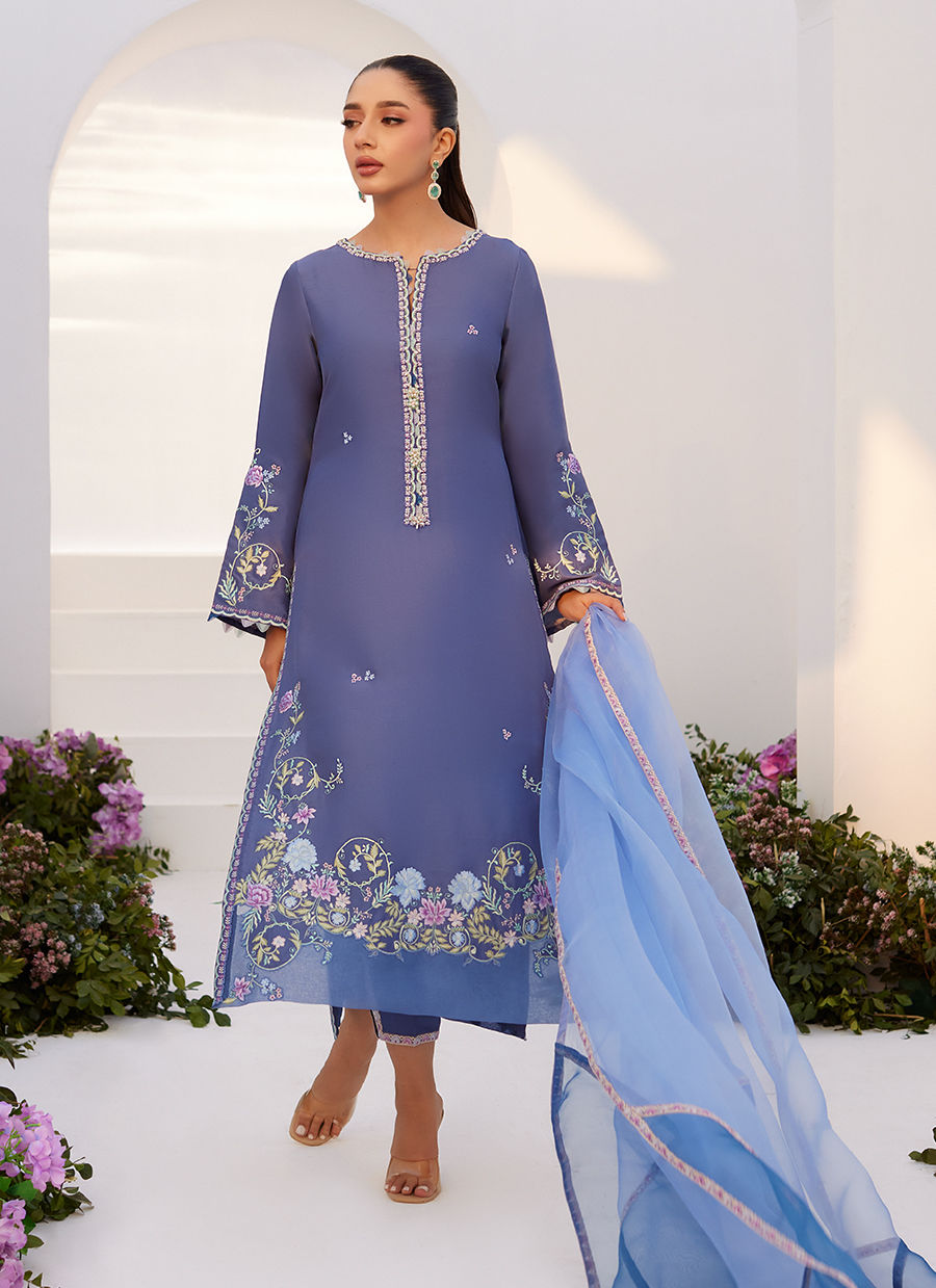 ALO BLUE EMBROIDERED SHIRT AND DUPATTA - Zaza'24 by Farah Talib Aziz