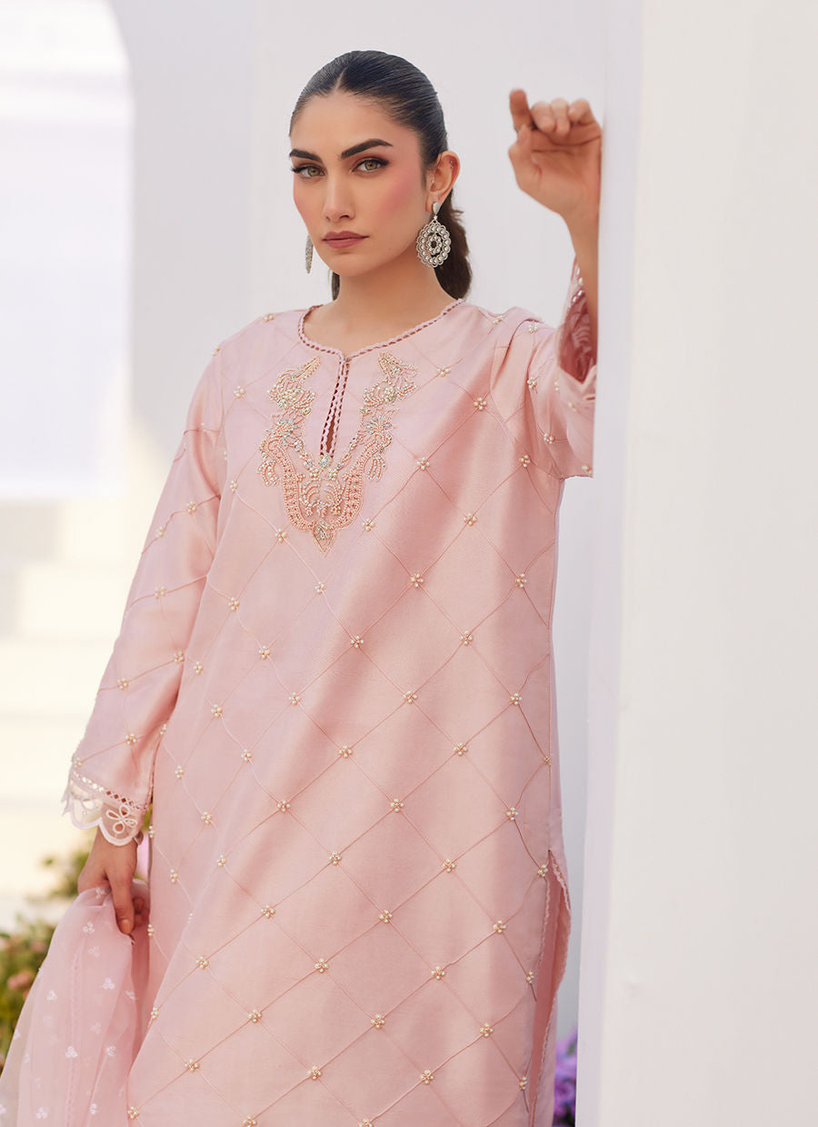 BEBE BLUSH PINK EMBELLISHED RAW SILK KURTA SHIRT AND DUPATTA - Zaza'24 by Farah Talib Aziz