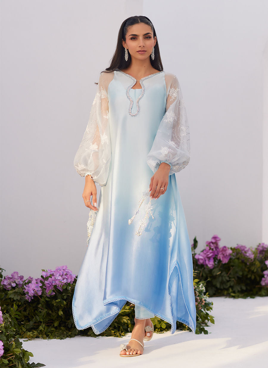 BOW OMBRE BLUE EMBELLISHED KAFTAN CUT SHIRT - Zaza'24 by Farah Talib Aziz