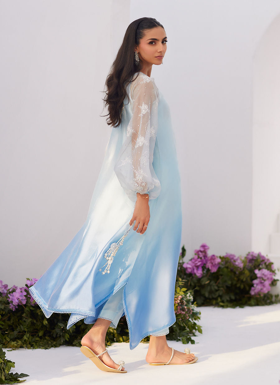 BOW OMBRE BLUE EMBELLISHED KAFTAN CUT SHIRT - Zaza'24 by Farah Talib Aziz