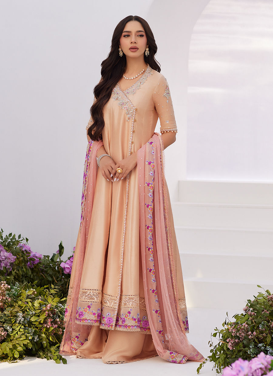 LISETTE FAWN EMBELLISHED RAW SILK ANGARKHA AND DUPATTA - Zaza'24 by Farah Talib Aziz