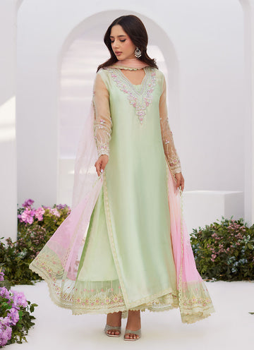 COLLETTE MINT OMBRE EMBELLISHED COLUMN SHIRT WITH KALIDAAR WITH EMBROIDERED SLIP - Zaza'24 by Farah Talib Aziz