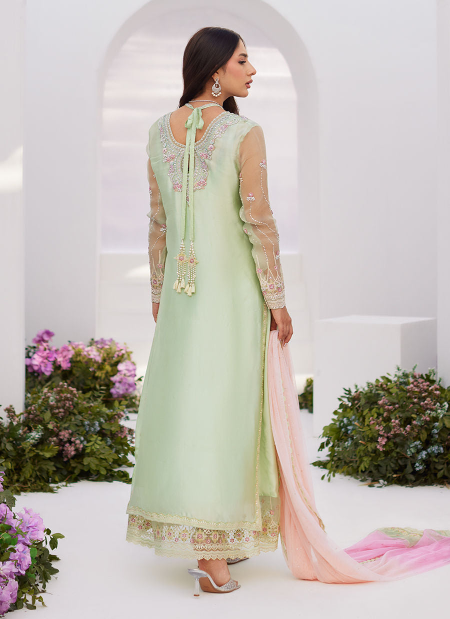 COLLETTE MINT OMBRE EMBELLISHED COLUMN SHIRT WITH KALIDAAR WITH EMBROIDERED SLIP - Zaza'24 by Farah Talib Aziz