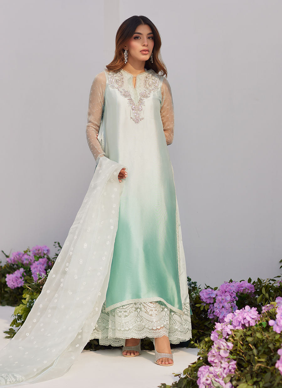 SOLENE AQUA OMBRE EMBELLISHED COLUMN SHIRT WITH EMBROIDERED KALIDAAR SLIP - Zaza'24 by Farah Talib Aziz