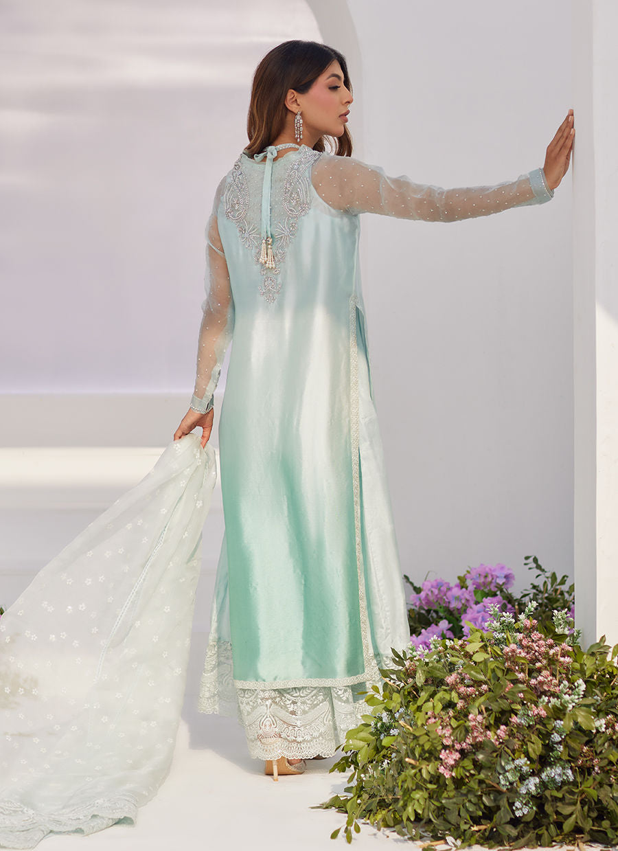 SOLENE AQUA OMBRE EMBELLISHED COLUMN SHIRT WITH EMBROIDERED KALIDAAR SLIP - Zaza'24 by Farah Talib Aziz