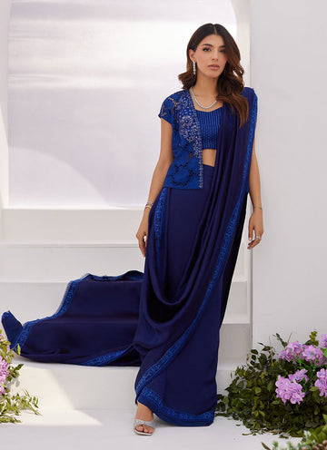 OCEAN NAVY DRAPED SAREE WITH CUTWORK EMBELLISHED CAPE - Zaza'24 by Farah Talib Aziz