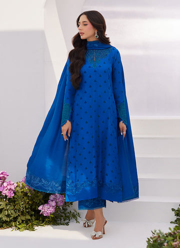 CHARR BLUE EMBROIDERED RAW SILK SHIRT AND DUPATTA - Zaza'24 by Farah Talib Aziz