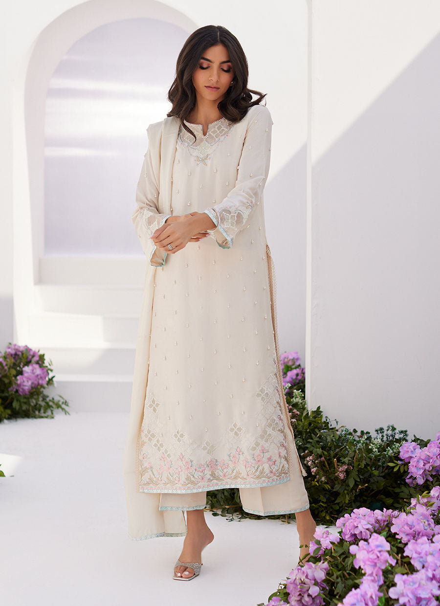 LYA IVORY EMBELLISHED RAW SILK SHIRT AND DUPATTA - Zaza'24 by Farah Talib Aziz