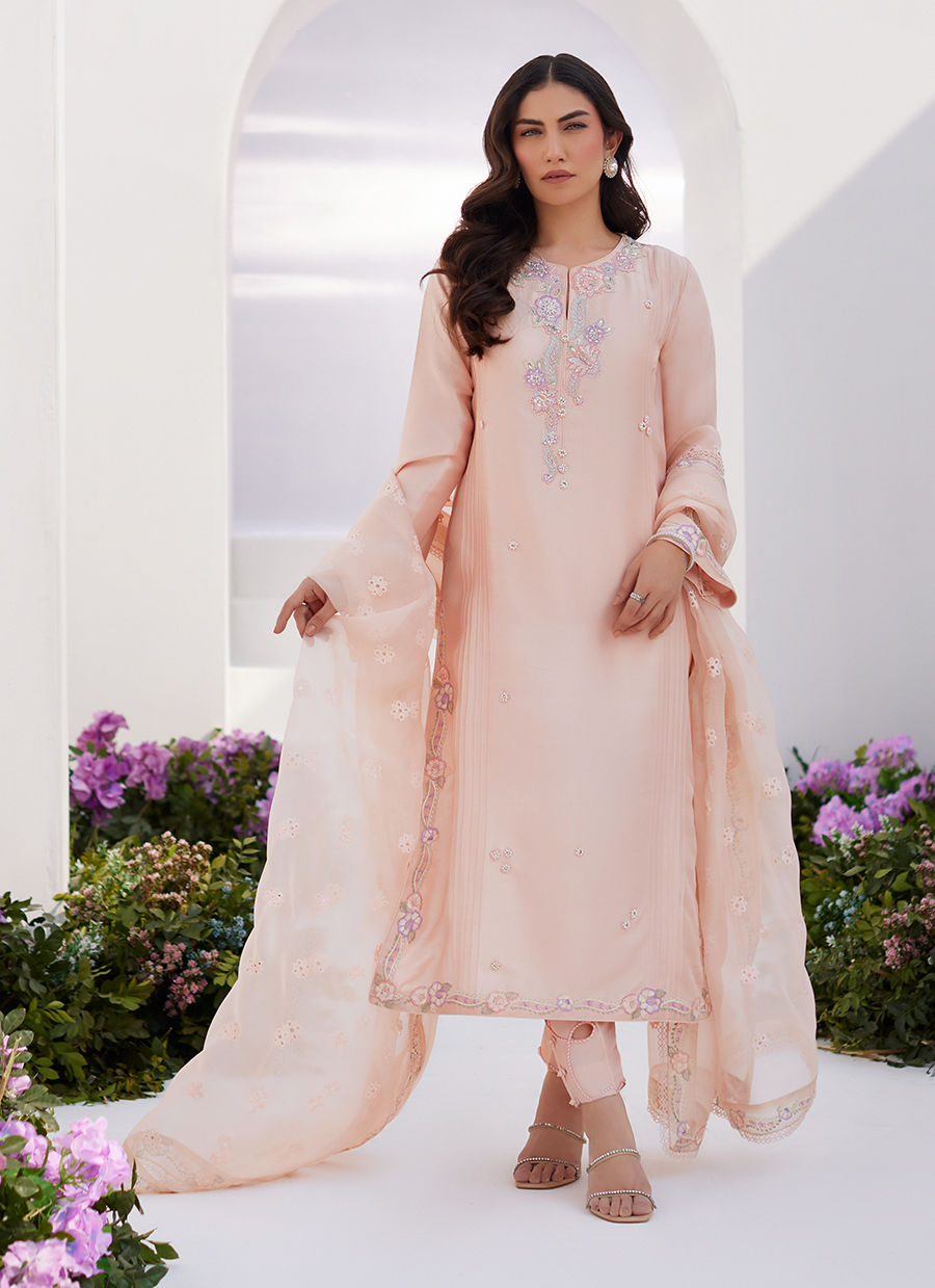 ELEA PEACH EMBROIDERED RAW SILK SHIRT AND DUPATTA - Zaza'24 by Farah Talib Aziz