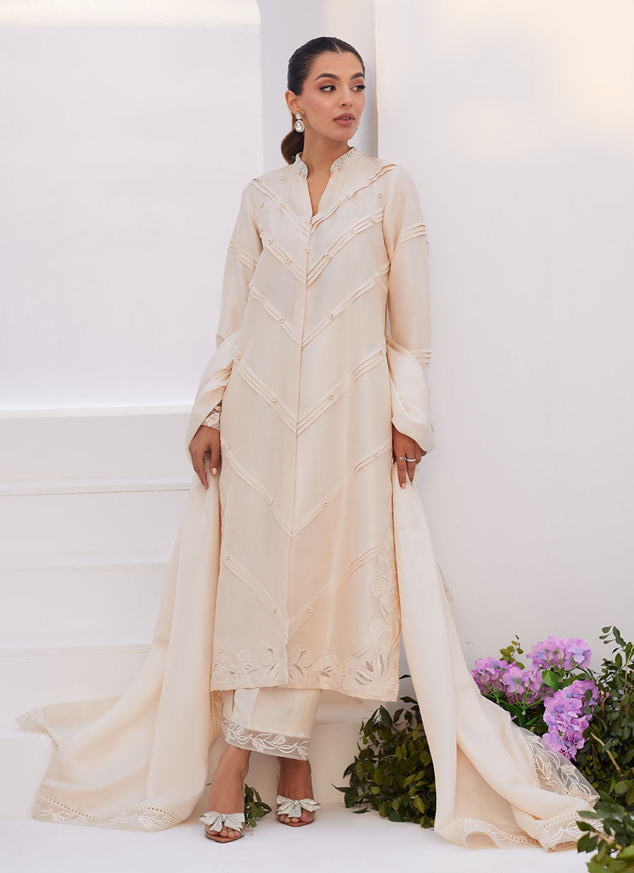 TISELE IVORY PLEATED RAW SILK SHIRT AND DUPATTA - Zaza'24 by Farah Talib Aziz