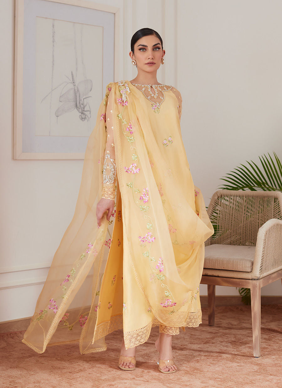 CYRILLA PALE YELLOW EMBROIDERED RAW SILK SHIRT WITH DRAPED DUPATTA - Luna Eid'24 | By Farah Talib Aziz