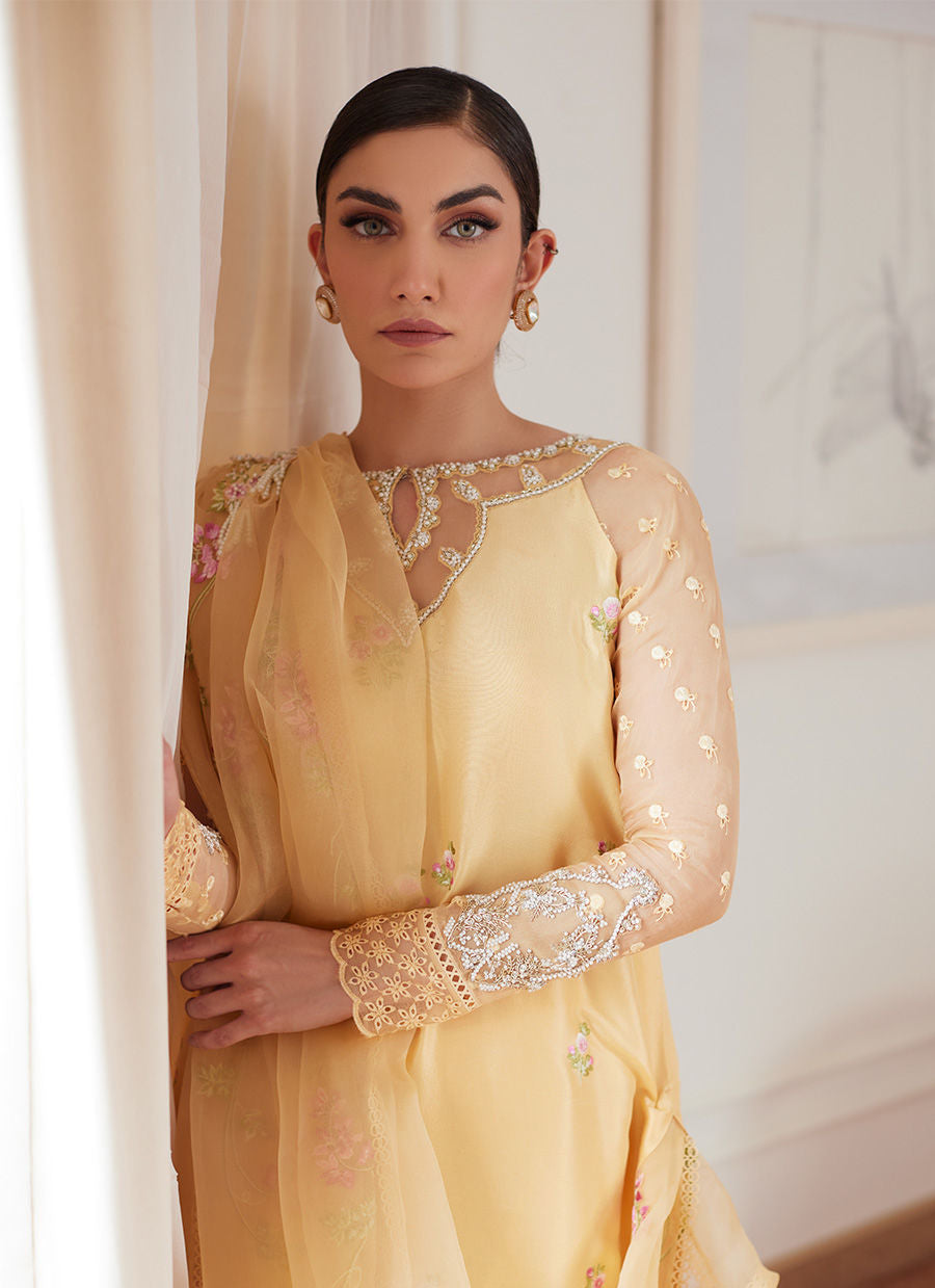 CYRILLA PALE YELLOW EMBROIDERED RAW SILK SHIRT WITH DRAPED DUPATTA - Luna Eid'24 | By Farah Talib Aziz