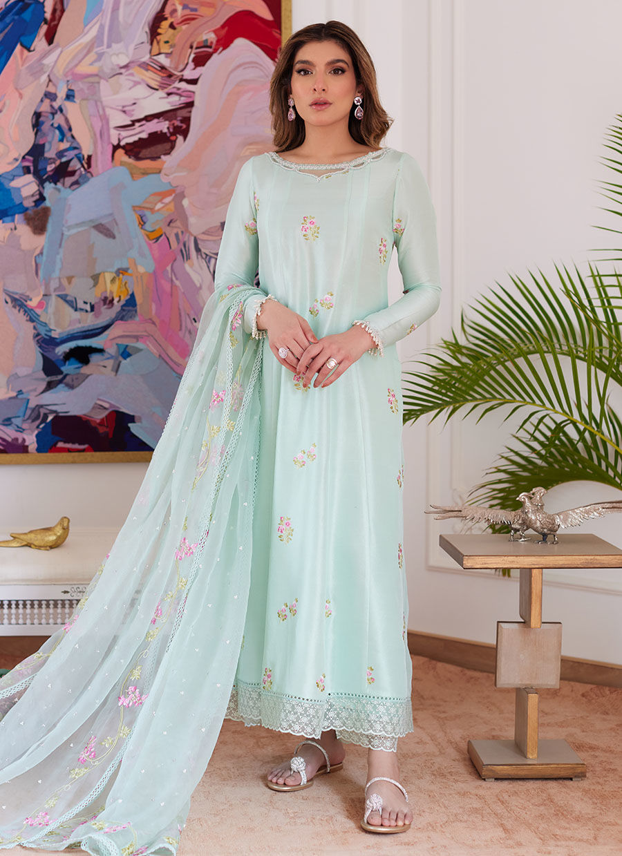 ELYSSIA MINT EMBROIDERED RAW SILK KALIDAR WITH DUPATTA - Luna Eid'24 | By Farah Talib Aziz