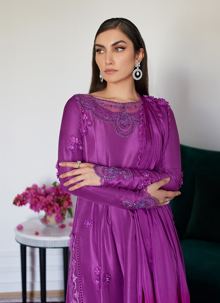 TIERRA MUTED MAGENTA EMBROIDERED RAW SILK KALIDAR WITH DUPATTA - Luna Eid'24 | By Farah Talib Aziz