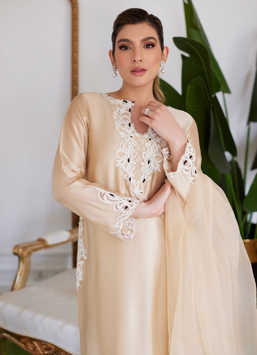 MELVINA CHAMPAGNE BEIGE EMBROIDERED SHISHA SILK SHIRT WITH DUPATTA - Luna Eid'24 | By Farah Talib Aziz