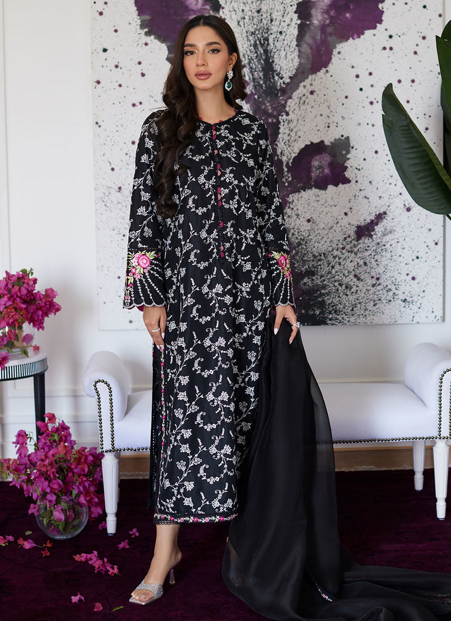 VITTORIA BLACK EMBROIDERED RAW SILK SHIRT WITH DUPATTA - Luna Eid'24 | By Farah Talib Aziz