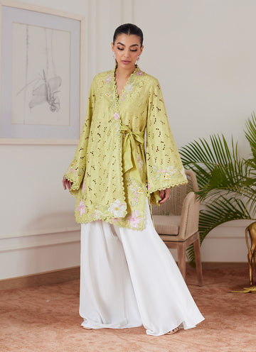 ABIGAIL KIWI EMBROIDERED RAW SILK SCHIFFLI KIMONO WRAP- Luna Eid'24 | By Farah Talib Aziz