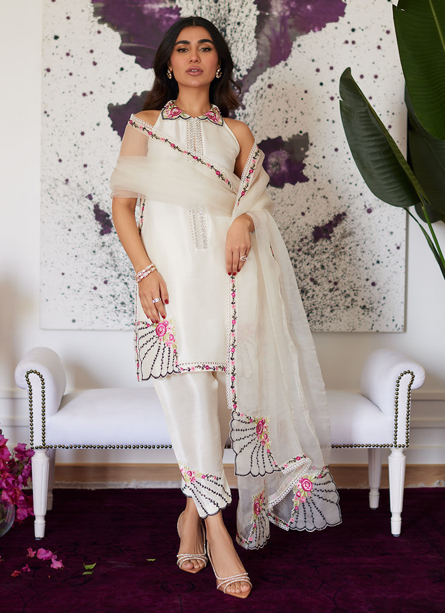 GENEVIVE PEARL WHITE EMBROIDERED RAW SILK SHIRT WITH DUPATTA- Luna Eid'24 | By Farah Talib Aziz