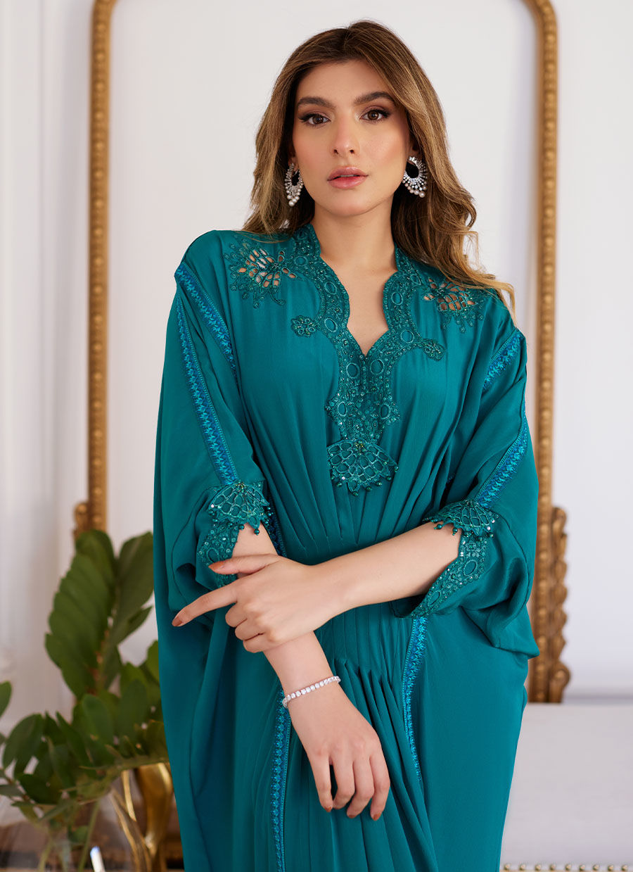 EMMELINE EMERALD CREPE KAFTAN- Luna Eid'24 | By Farah Talib Aziz