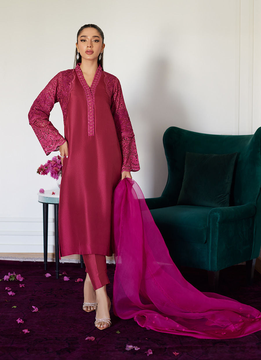 HONORINE MAGENTA EMBROIDERED RAW SILK SHIRT WITH DUPATTA - Luna Eid'24 | By Farah Talib Aziz