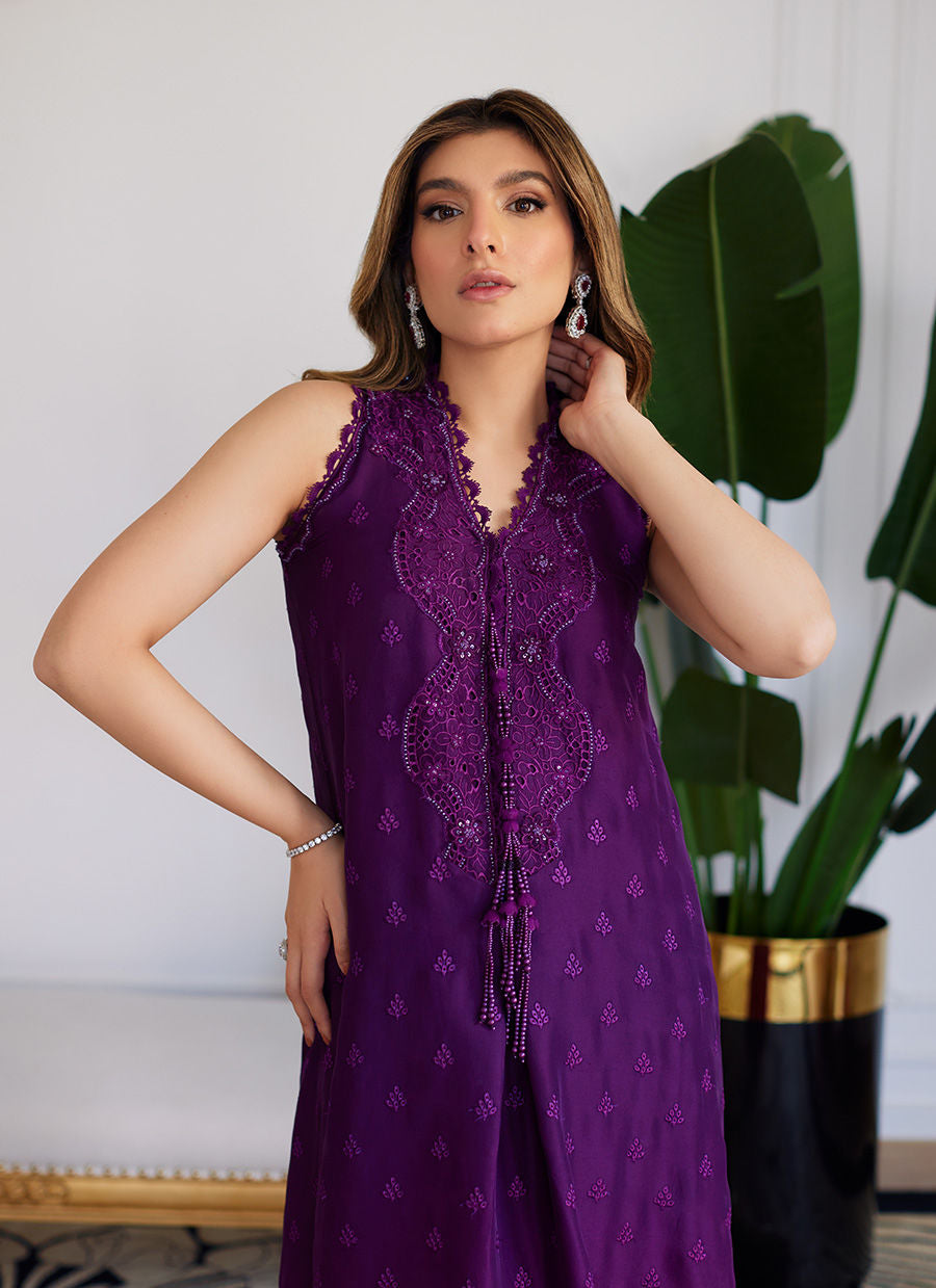 VIOLETTE WILD BERRY OMBRE EMBROIDERED RAW SILK SHIRT- Luna Eid'24 | By Farah Talib Aziz