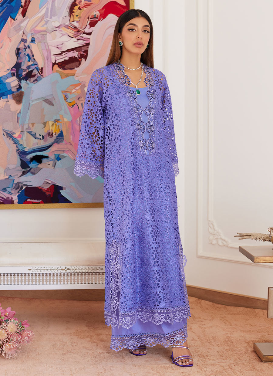 EVANTHIA PERIWINKLE RAWSILK SCHIFFLI LONG SHIRT- Luna Eid'24 | By Farah Talib Aziz