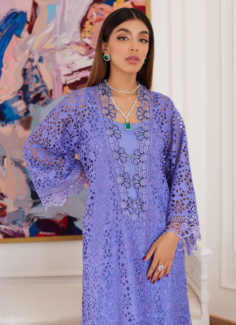 EVANTHIA PERIWINKLE RAWSILK SCHIFFLI LONG SHIRT- Luna Eid'24 | By Farah Talib Aziz