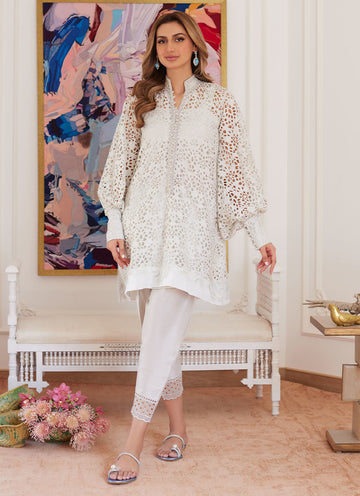 OPHELIA IVORY EMBROIDERED SCHIFFLI RAW SILK SHIRT- Luna Eid'24 | By Farah Talib Aziz