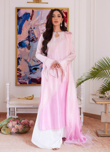 ARELLIA BABY PINK TWO TONED RAWSILK SHIRT WITH DUPATTA - Luna Eid'24 | By Farah Talib Aziz