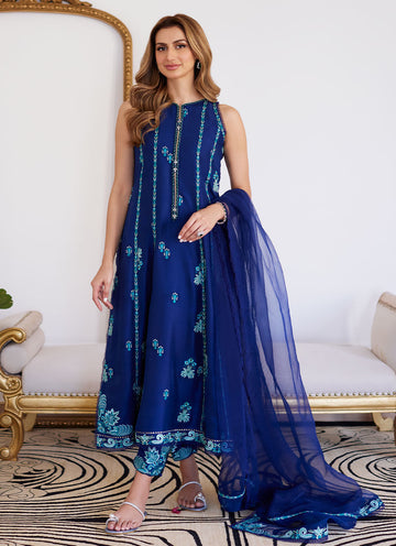 ELSYEE ROYAL BLUE EMBROIDERED RAW SILK SHIRT WITH DUPATTA- Luna Eid'24 | By Farah Talib Aziz