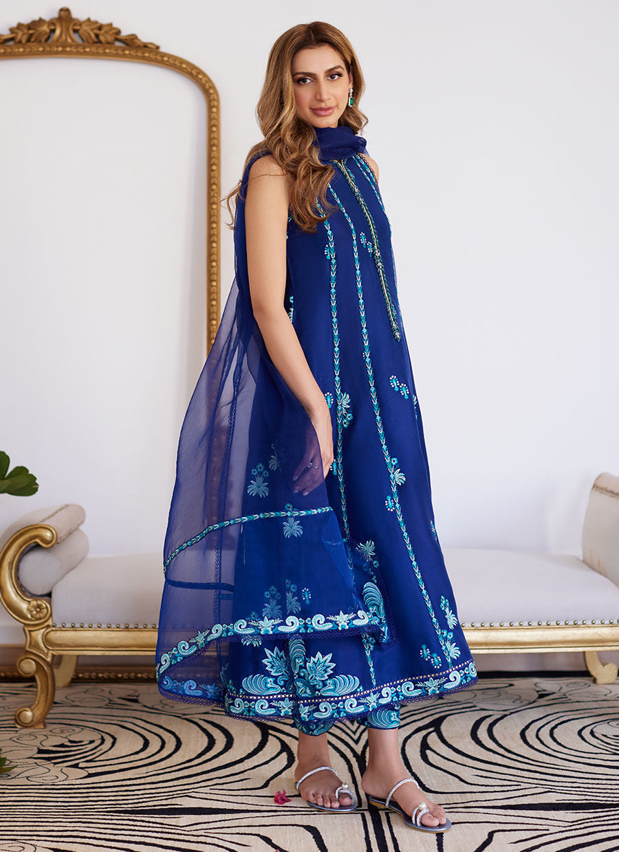 ELSYEE ROYAL BLUE EMBROIDERED RAW SILK SHIRT WITH DUPATTA- Luna Eid'24 | By Farah Talib Aziz