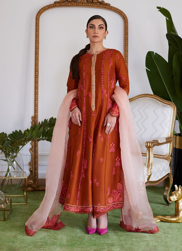 SENEERA EMBROIDERED RUST RAW SILK KALIDAAR WITH DUPATTA - Luna Eid'24 | By Farah Talib Aziz